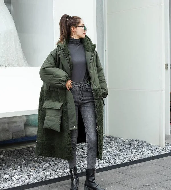 Winter New Fashion Hooded Collar Splicing Pockets Keep Warm Parka Women Coat