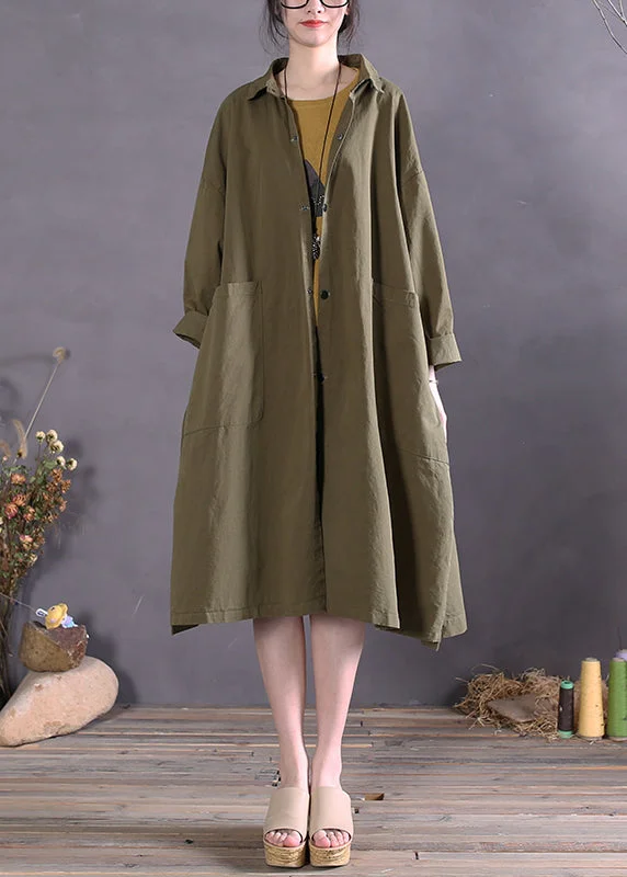 French Style Women Army Green Peter Pan Collar Button Cotton Trench Coats Long Sleeve French Style Women Army Green Peter Pan Collar Button Cotton Trench Coats Long Sleeve