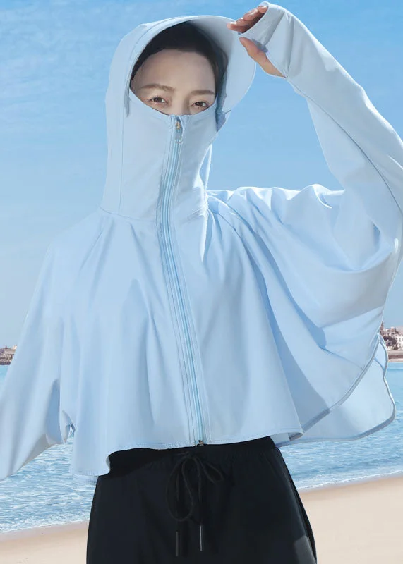 Comfortable Design Women Baby Blue Hooded Zip Up Patchwork Ice Silk UPF 50+ Coats Summer Comfortable Design Women Baby Blue Hooded Zip Up Patchwork Ice Silk UPF 50+ Coats Summer