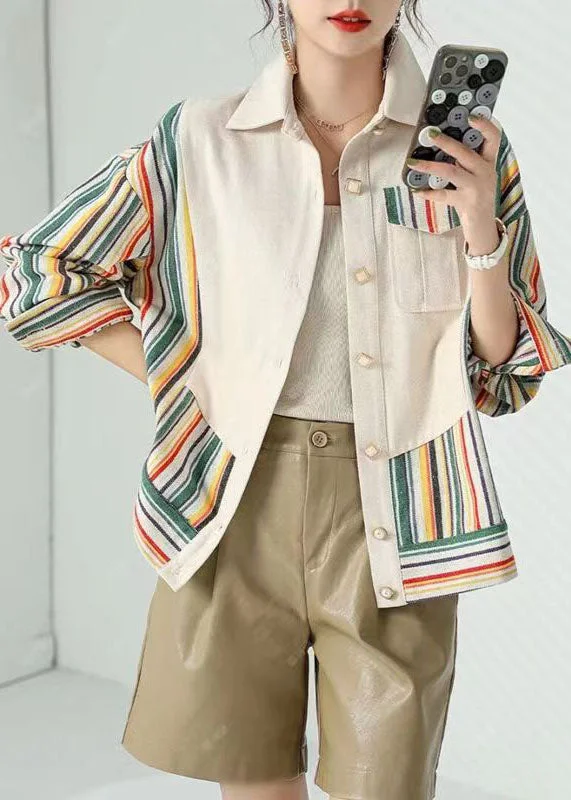 Street Fashion Women Beige Peter Pan Collar Pockets Striped Patchwork Cotton Coat Fall
