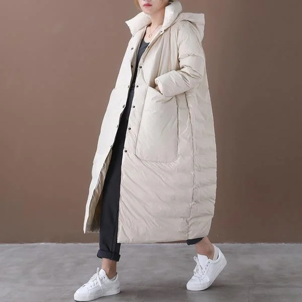 Breezy Style Women Beige Warm Winter Down Coats Hooded Pockets Wide-waisted Female Long Down Coats Breezy Style Women Beige Warm Winter Down Coats Hooded Pockets Wide-waisted Female Long Down Coats