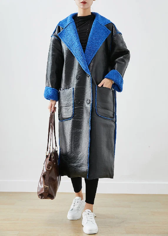 Comfortable And Simple Women Black Fleece Wool Lined Wear On Both Sides Faux Leather Coat Outwear Winter