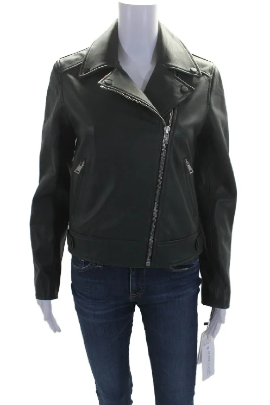 Luxury Temperament Yves Salomon Womens Leather 2 Pocket Collared Zip Up Jacket Green Luxury Temperament Yves Salomon Womens Leather 2 Pocket Collared Zip Up Jacket Green