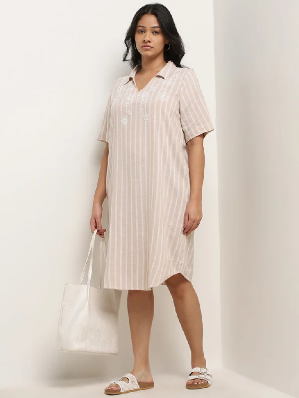 Chic Lounge Gia Beige Striped Design Blended Linen Shirt Dress
