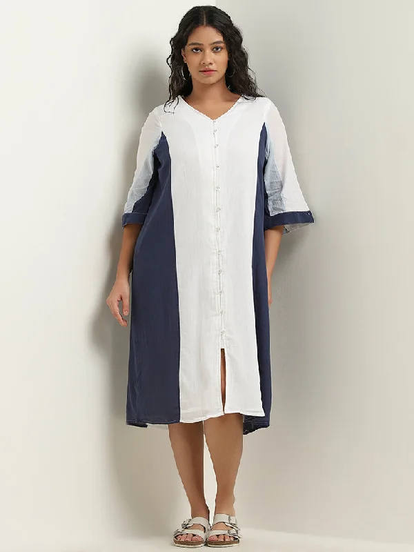 Chic Outfits Gia Curves White Colour-Blocked Casual Cotton Straight Dress