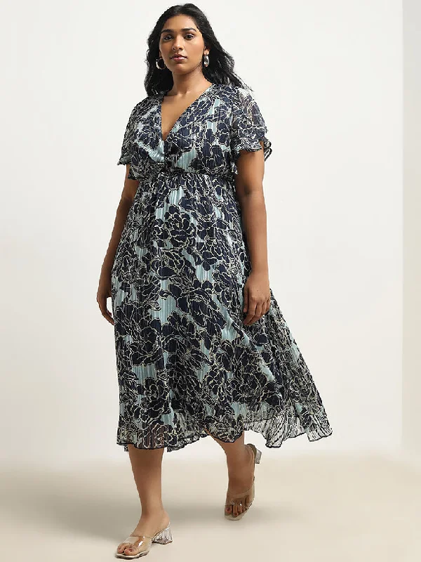 Gia Teal Floral Printed A-Line Dress