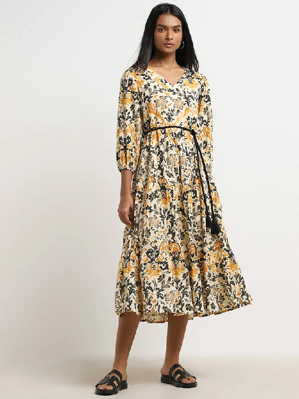 All-Day Comfort LOV Beige Floral Printed Tiered Dress with Belt