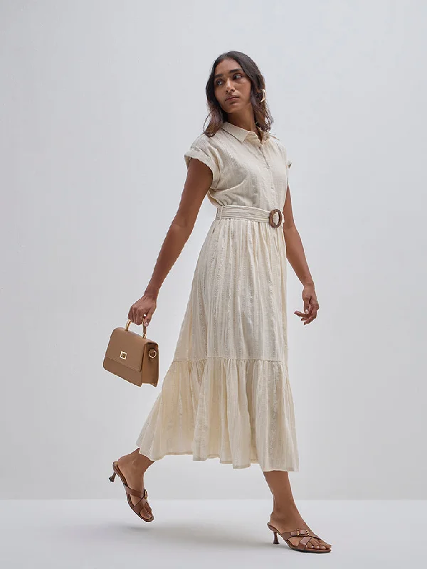 LOV Beige Self Tiered Cotton Shirt Dress with Belt