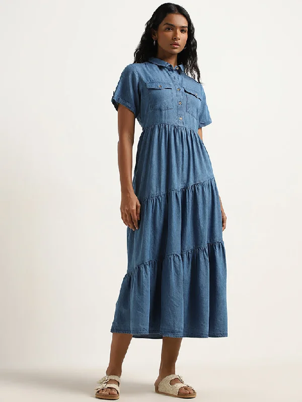 Urban Design Sense LOV Dark Blue Asymmetrical Tiered Shirt Dress