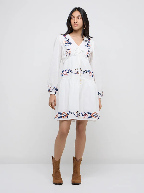 LOV White Embroidered Cotton A-Line Dress