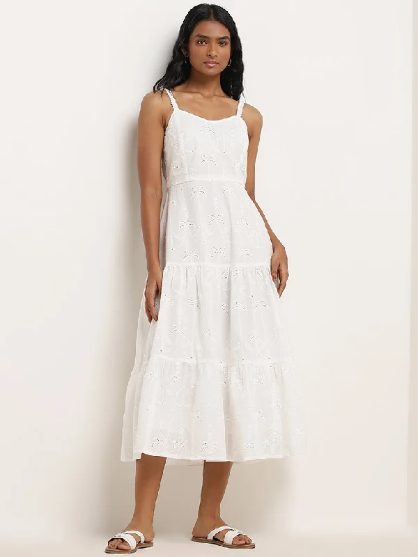 Comfortable Wear LOV White Schiffli Design Tiered Cotton Dress