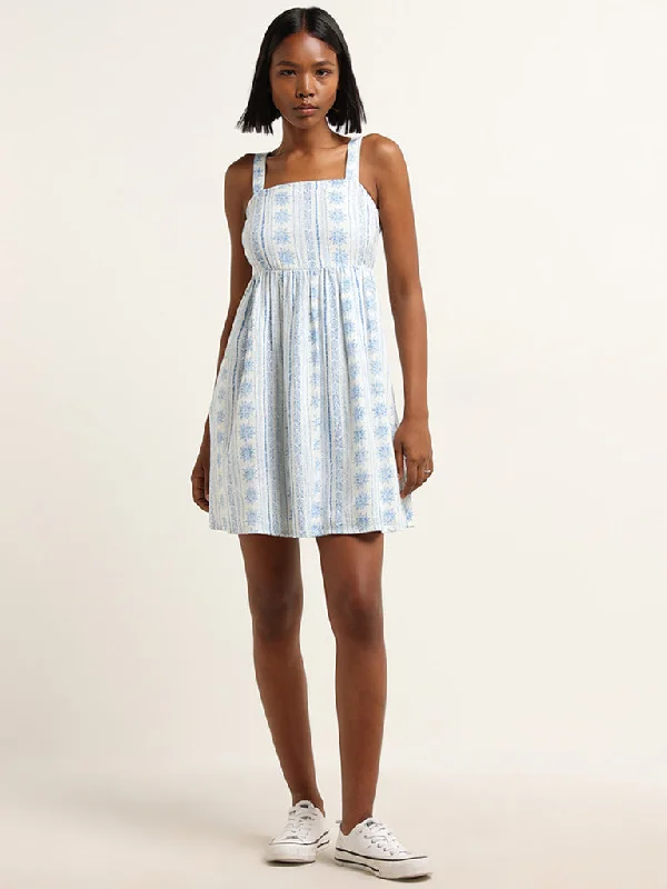 Energy Wear Nuon White & Blue Printed Blended Linen Skater Dress