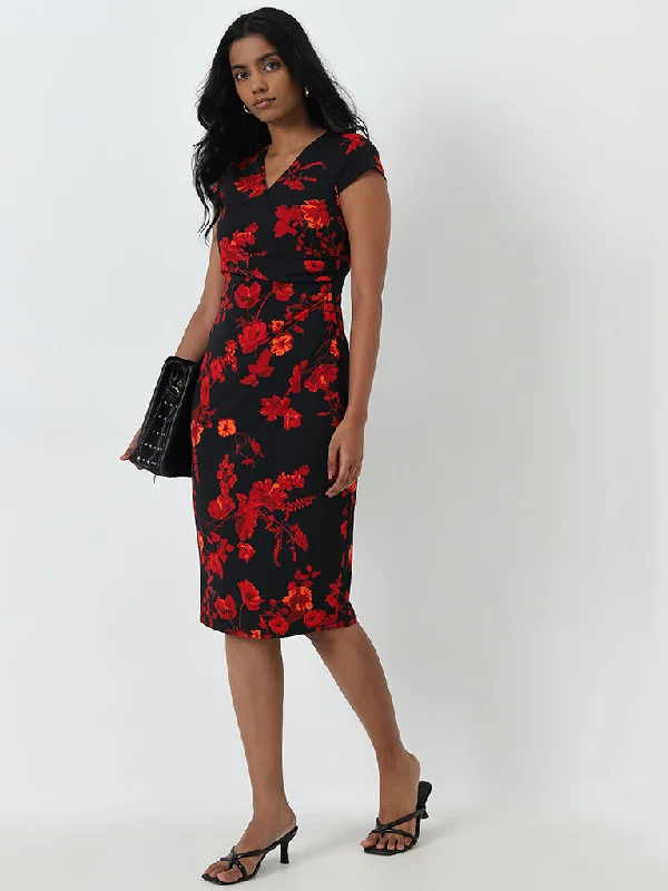 Editorial Design Wardrobe Black Floral Printed Straight Dress