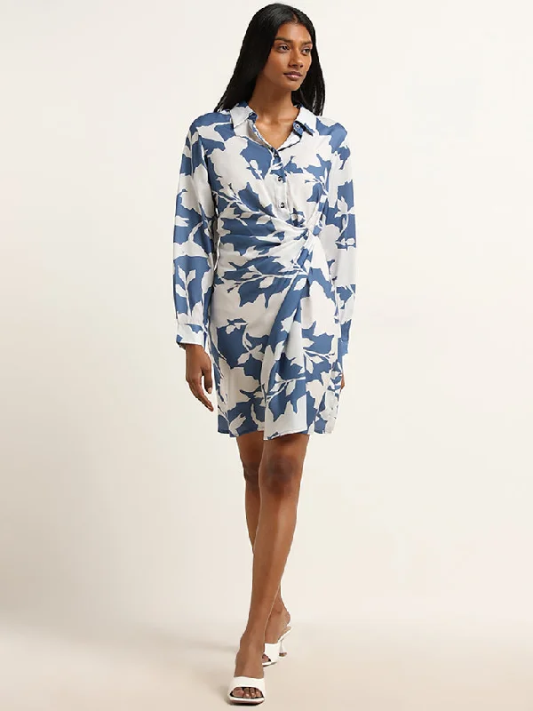 High-end Wear Wardrobe Blue Floral Wrap Shirt Dress
