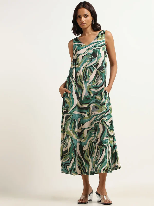 Sweet Breath Wardrobe Green Abstract Print Midi Dress