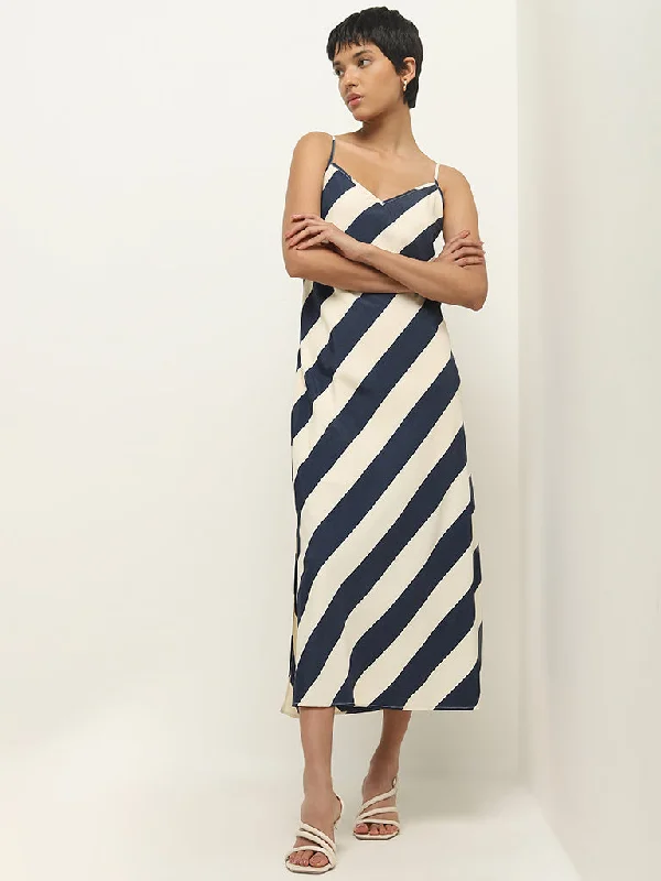 Easy Fashion Wardrobe Navy Striped Design Slip Dress