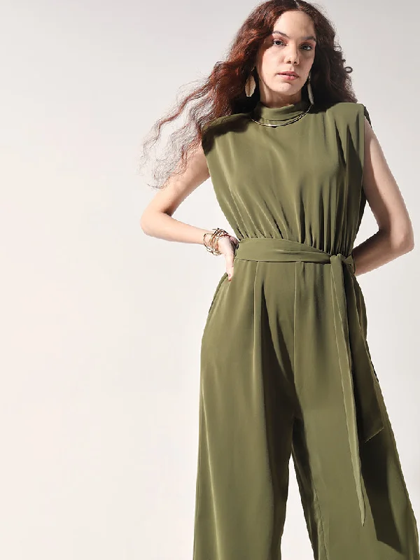 Effortless Style Wardrobe Olive Solid Jumpsuit with Belt