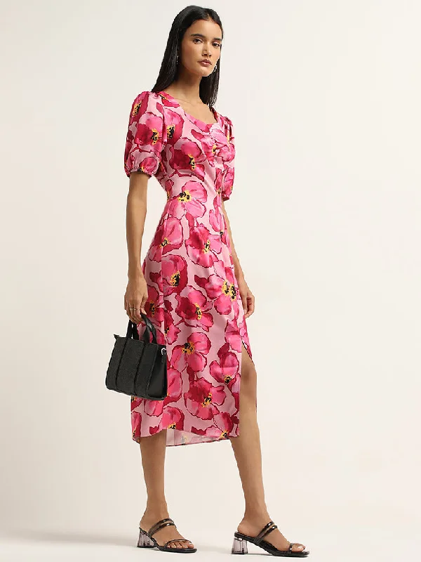 Soft Knitwear Wardrobe Pink Floral Printed A-Line Dress