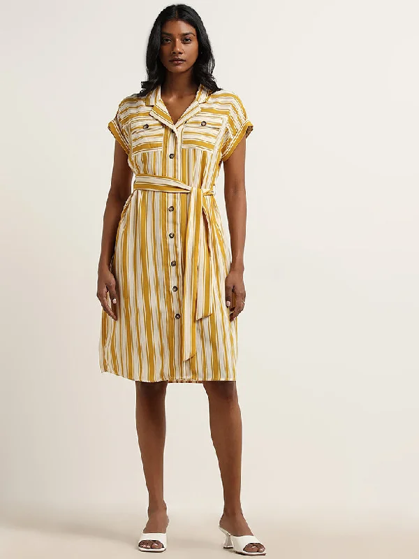 Wardrobe Yellow Striped Design Shirt Dress with Belt