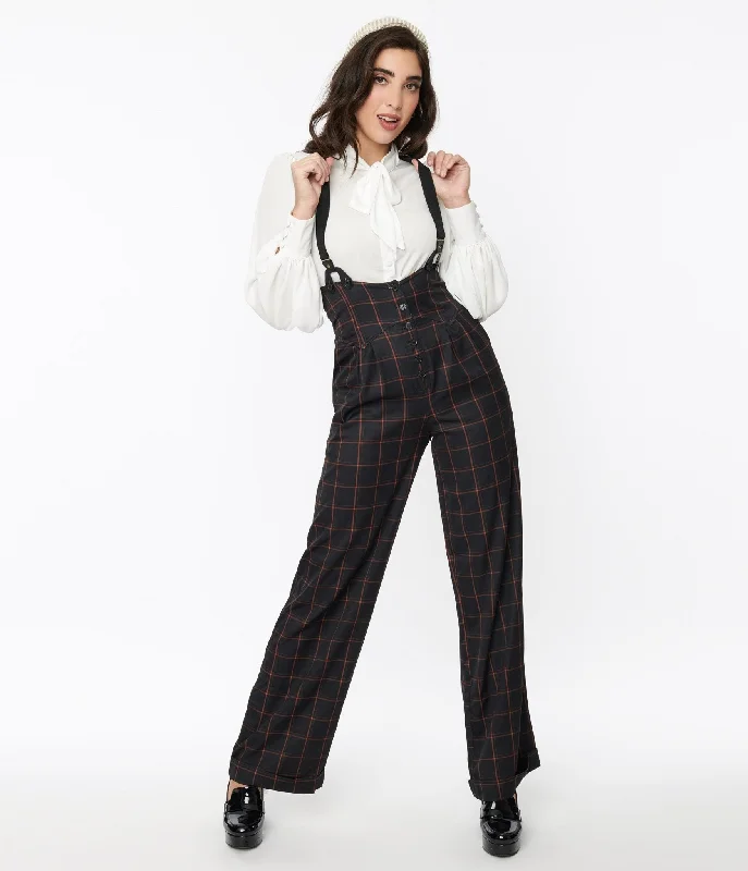 Unique Vintage Black & Orange Windowpane Thelma Suspender Pants