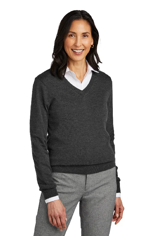 Brooks Brothers Womens Merino Long Sleeve V-Neck Sweater - Heather Windsor Grey - New