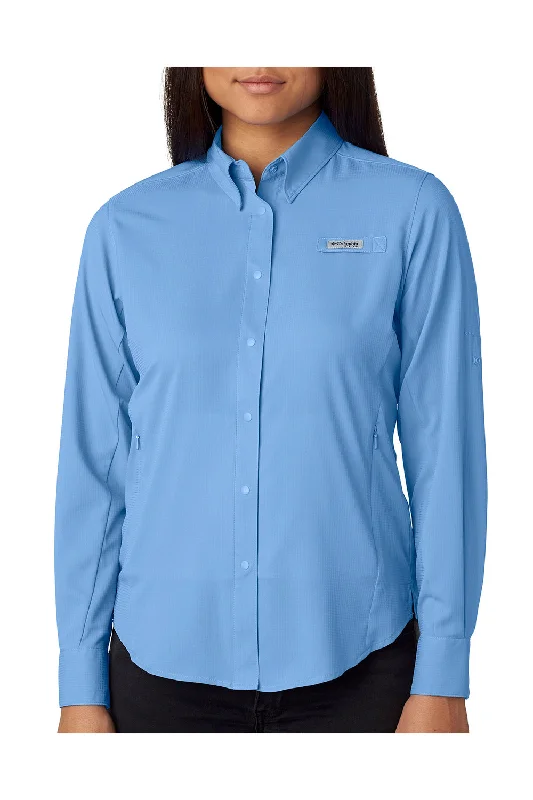 Columbia Womens Tamiami II Moisture Wicking Long Sleeve Button Down Shirt w/ Double Pockets - White Cap Blue