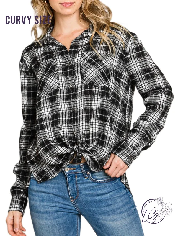 Curvy Soft Plaid Button-Down Shirt with Bust Pockets