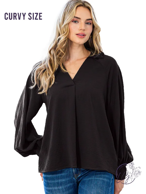 Curvy Solid V-Neck Blouse