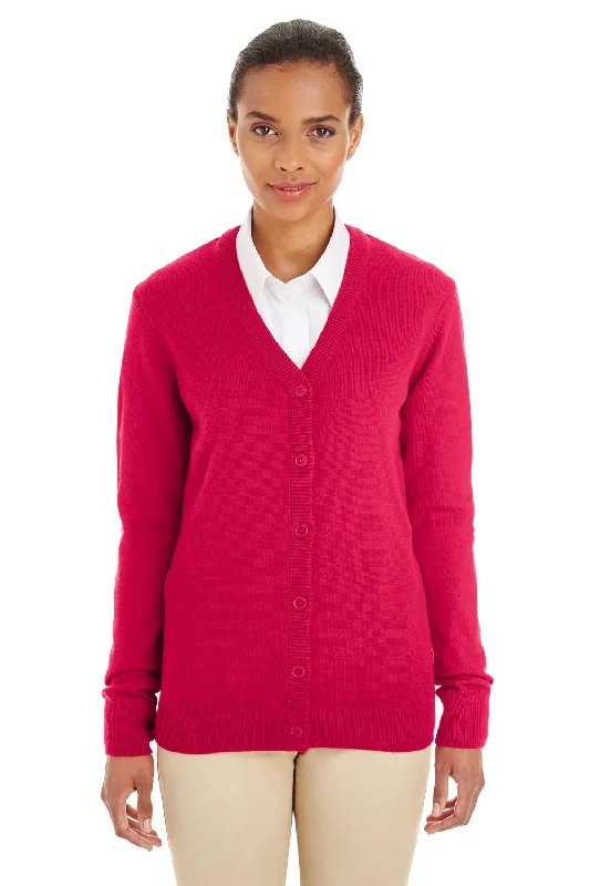 Harriton Womens Pilbloc Pill Resistant Button Down Lone Sleeve Cardigan Sweater - Red