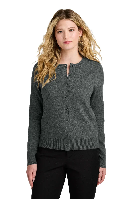 Port Authority Womens Easy Care Long Sleeve Button Front Cardigan Sweater - Heather Charcoal Grey - New