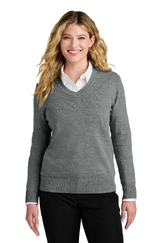 Port Authority Womens Easy Care Long Sleeve V-Neck Sweater - Heather Medium Grey - New