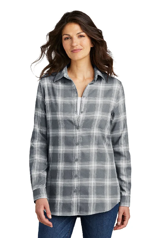 Port Authority Womens Flannel Long Sleeve Button Down Shirt - Grey/Cream Open Plaid