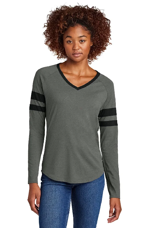 Sport-Tek Womens Halftime Stripe Long Sleeve V-Neck T-Shirt - Black/Heather Vintage Grey - New