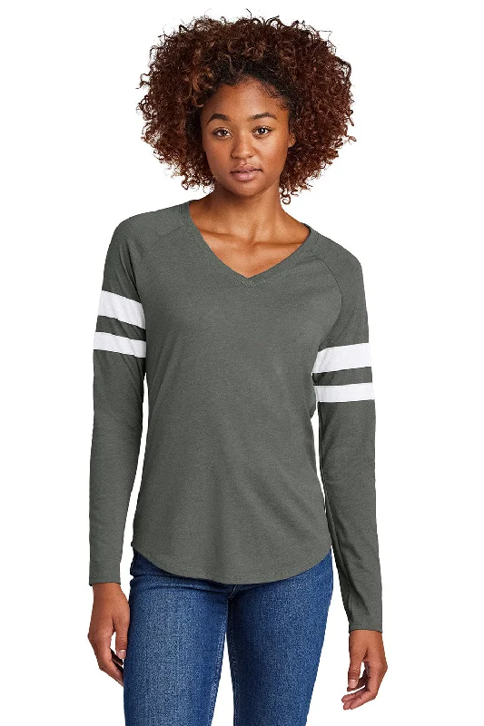 Sport-Tek Womens Halftime Stripe Long Sleeve V-Neck T-Shirt - White/Heather Vintage Grey - New